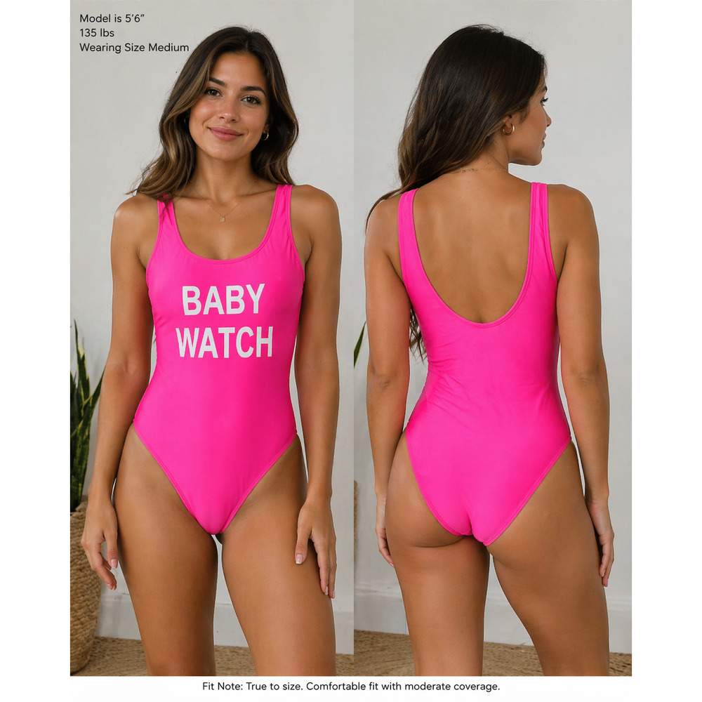 Hot Pink “BABY WATCH” One Piece Swimsuit Womens Medium Neon Graphic